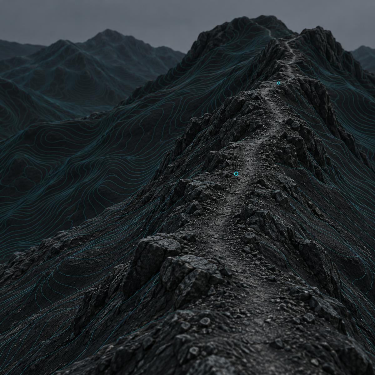 A worn trail along a dark mountain ridge
