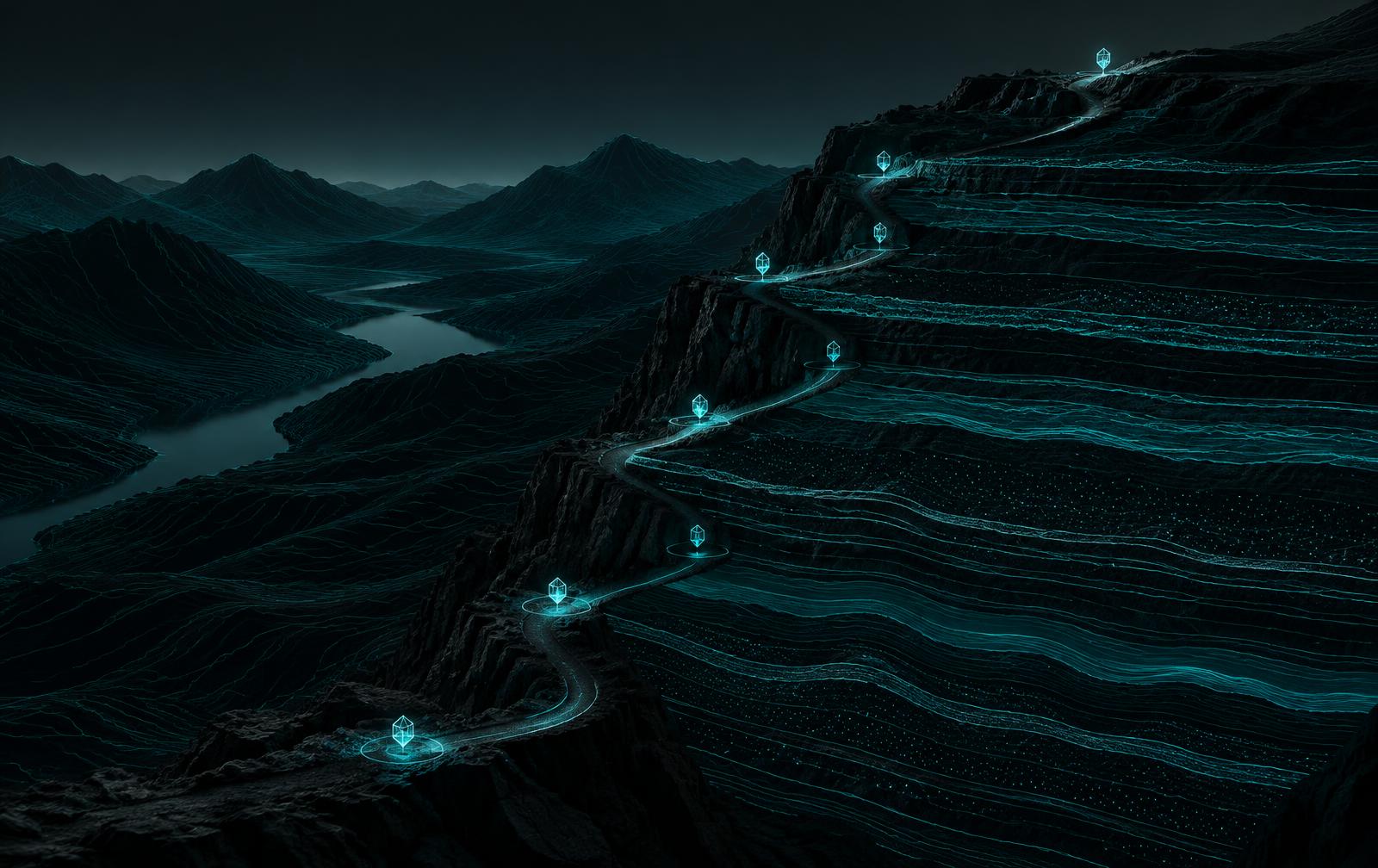 A trail rising past layered strata
