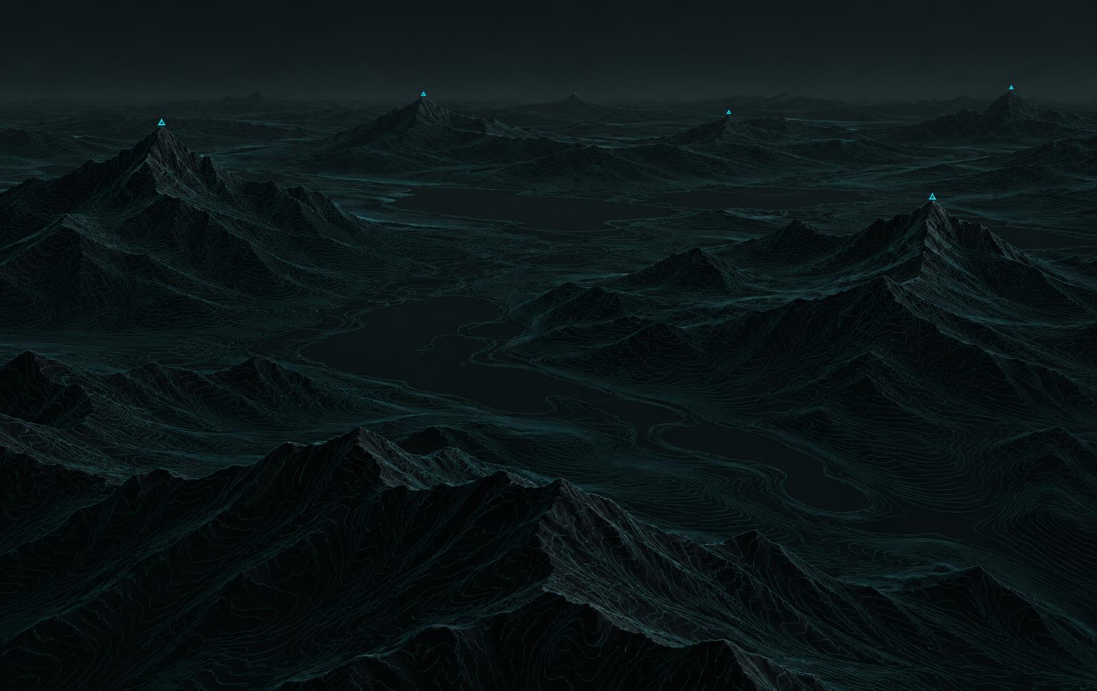 A wide dark terrain with selected peaks marked